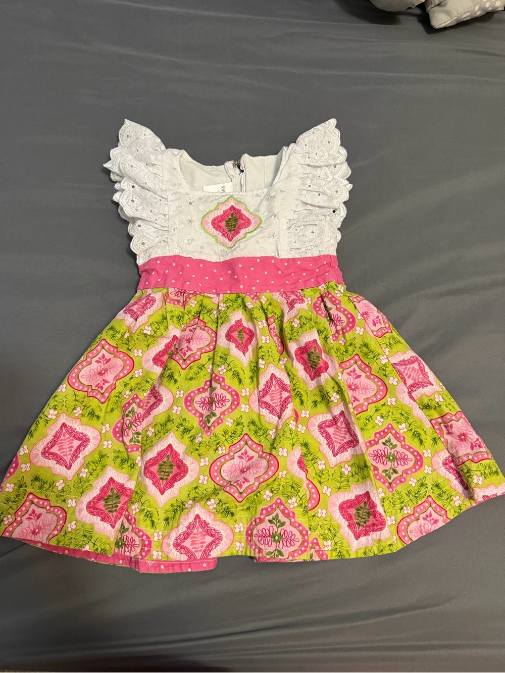Girls Pink & Green Patterned Sundress with Eyelet Ruffle Shoulders